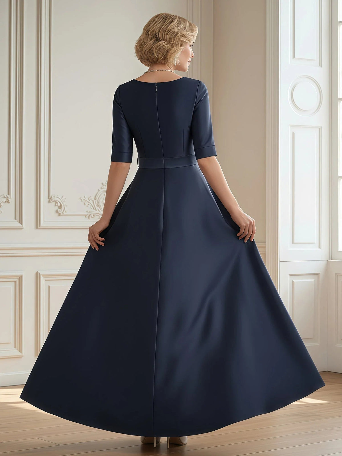 Dark navy satin A-line maxi dress with open back detail, 3/4 sleeves, flared skirt