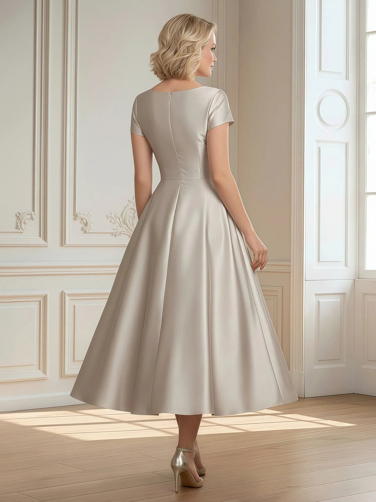 Ivory satin A-line midi dress, back view, round neck and short sleeves