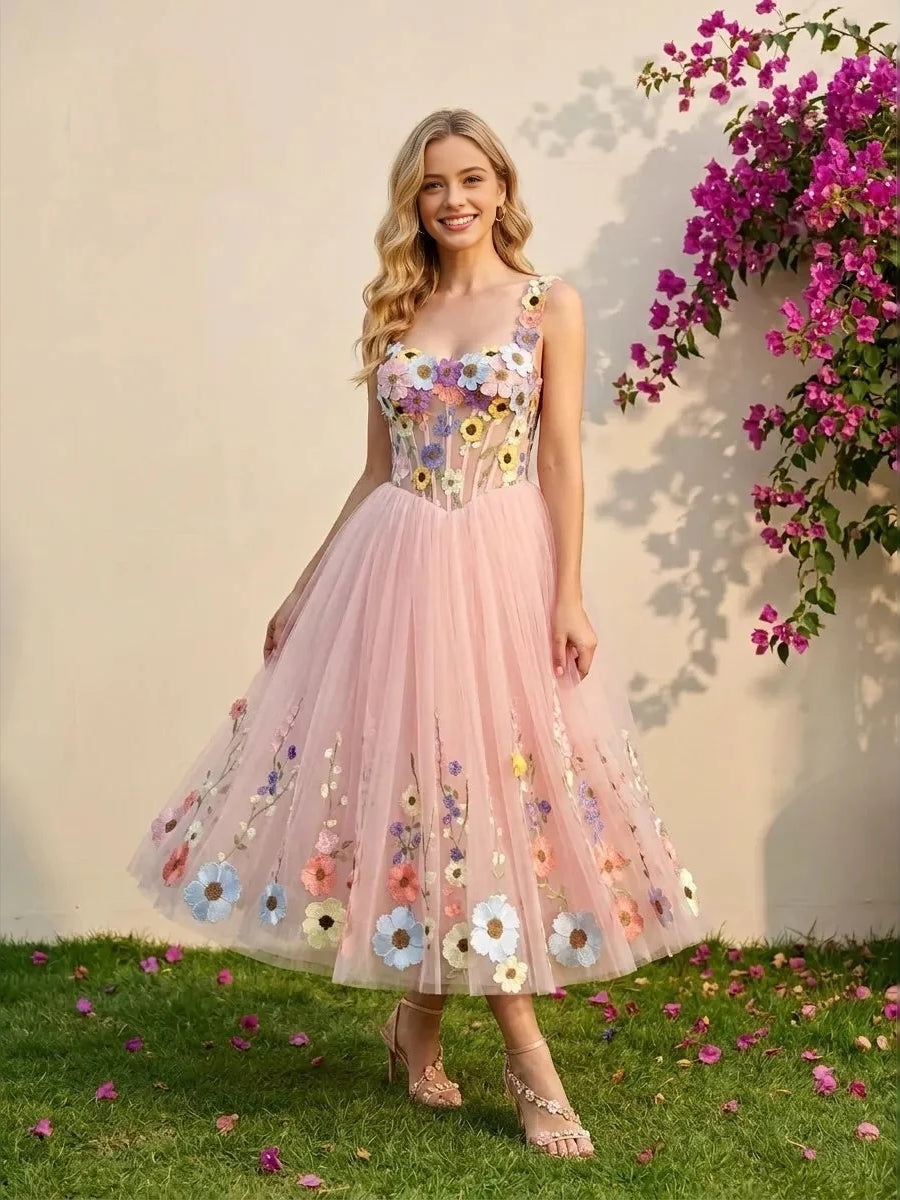 Blush pink floral appliqué V-neck A-line tulle wedding dress with corset bodice