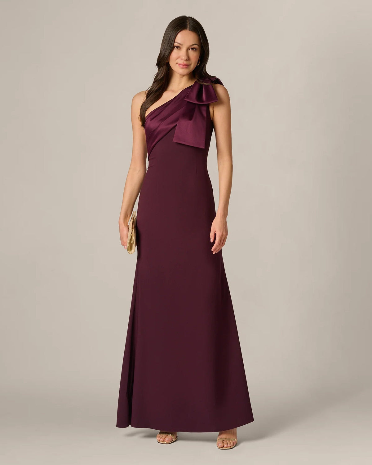 One-shoulder burgundy wine A-line maxi dress with bow on the shoulder