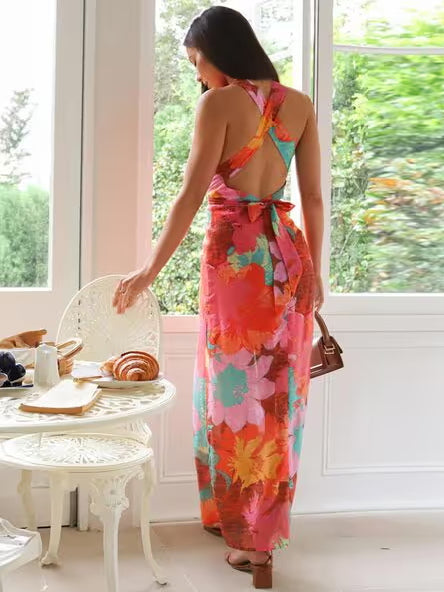 Orange Pink Floral Print sheath maxi formal dress with sheath, full-length back view