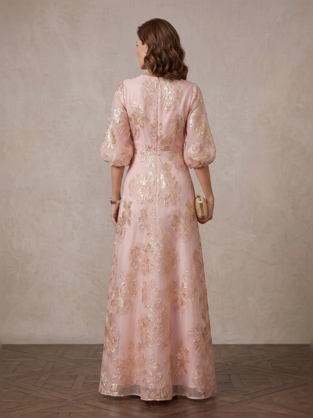 Blush pink floral organza A-line maxi dress, back view with puff sleeves