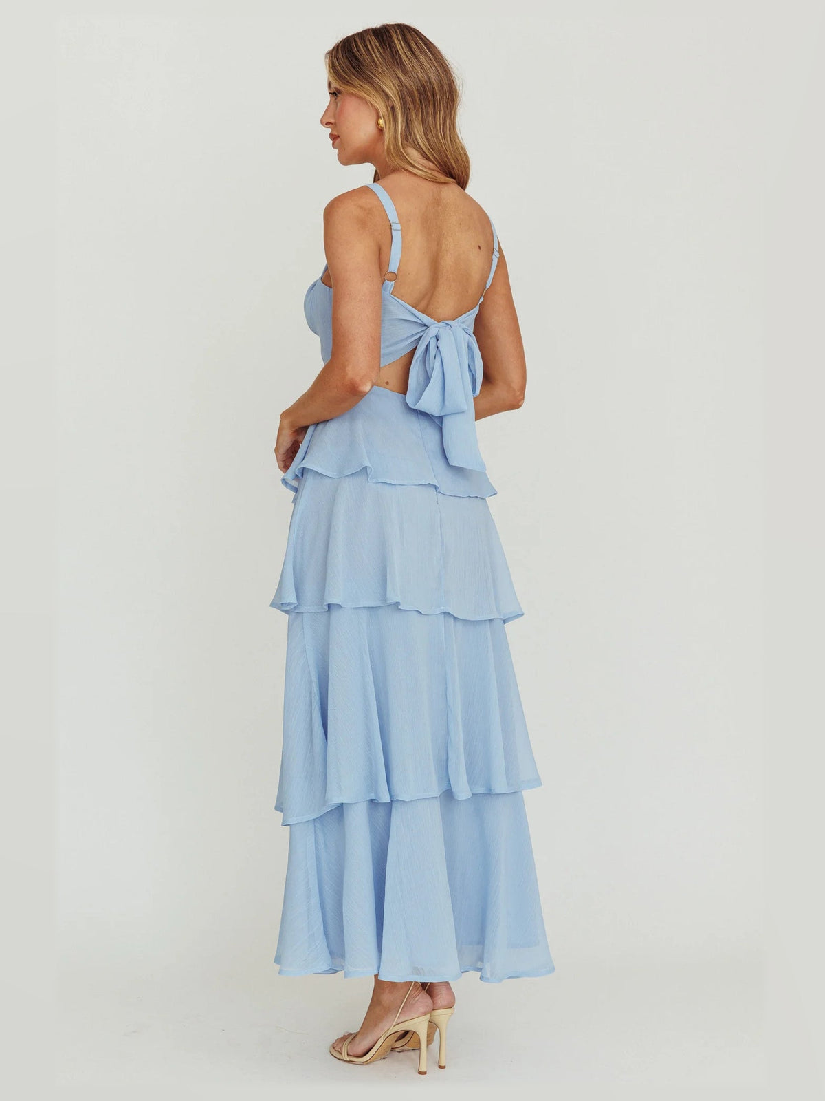 Sky Blue maxi formal dress, back full-length view showing the bodice