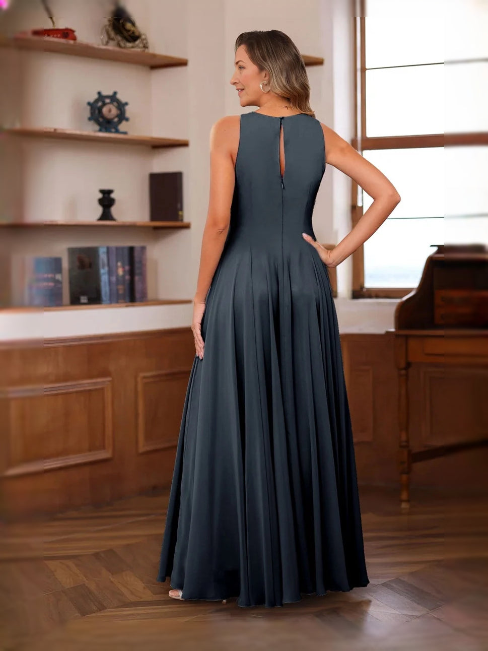 Sleeveless A-line floor-length chiffon mother-of-the-bride dress in slate blue, back view