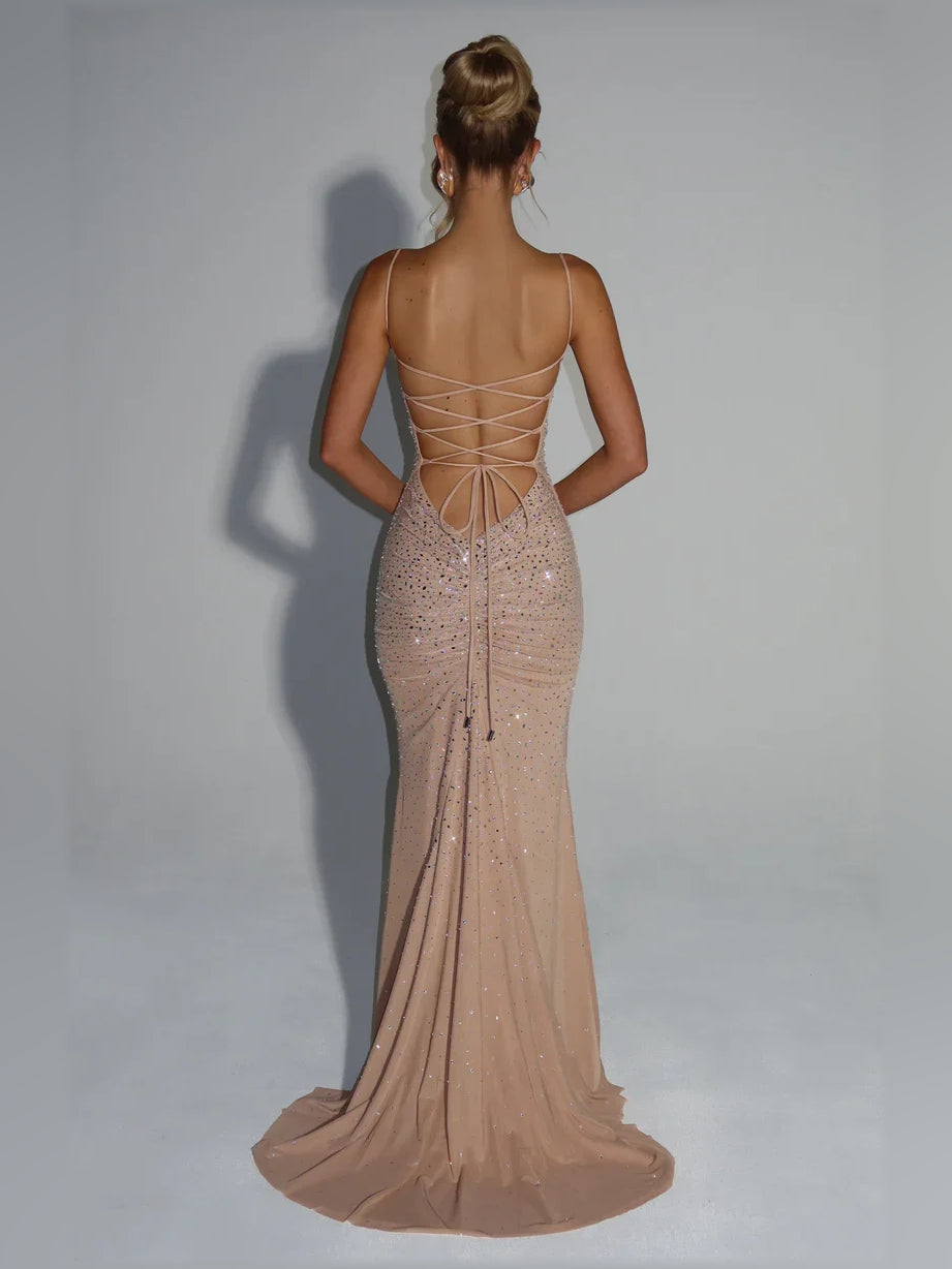 Pearl pink sequin mermaid dress, lace-up crisscross back and spaghetti straps