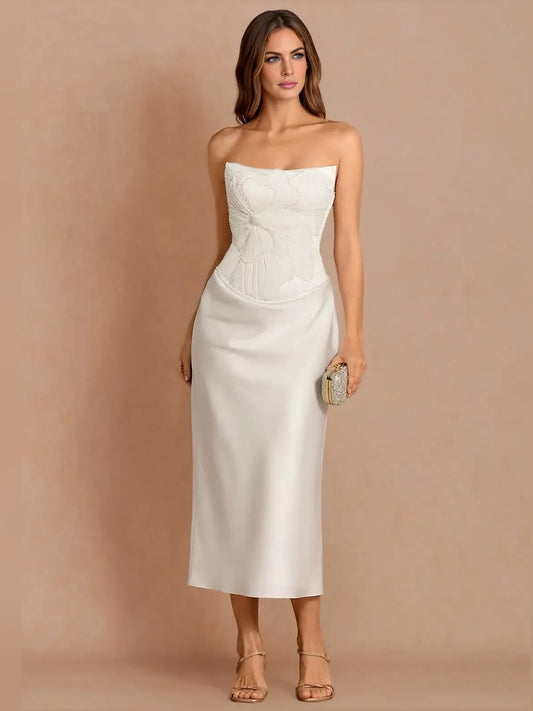 Ivory strapless corset midi satin sheath dress with floral bodice detail