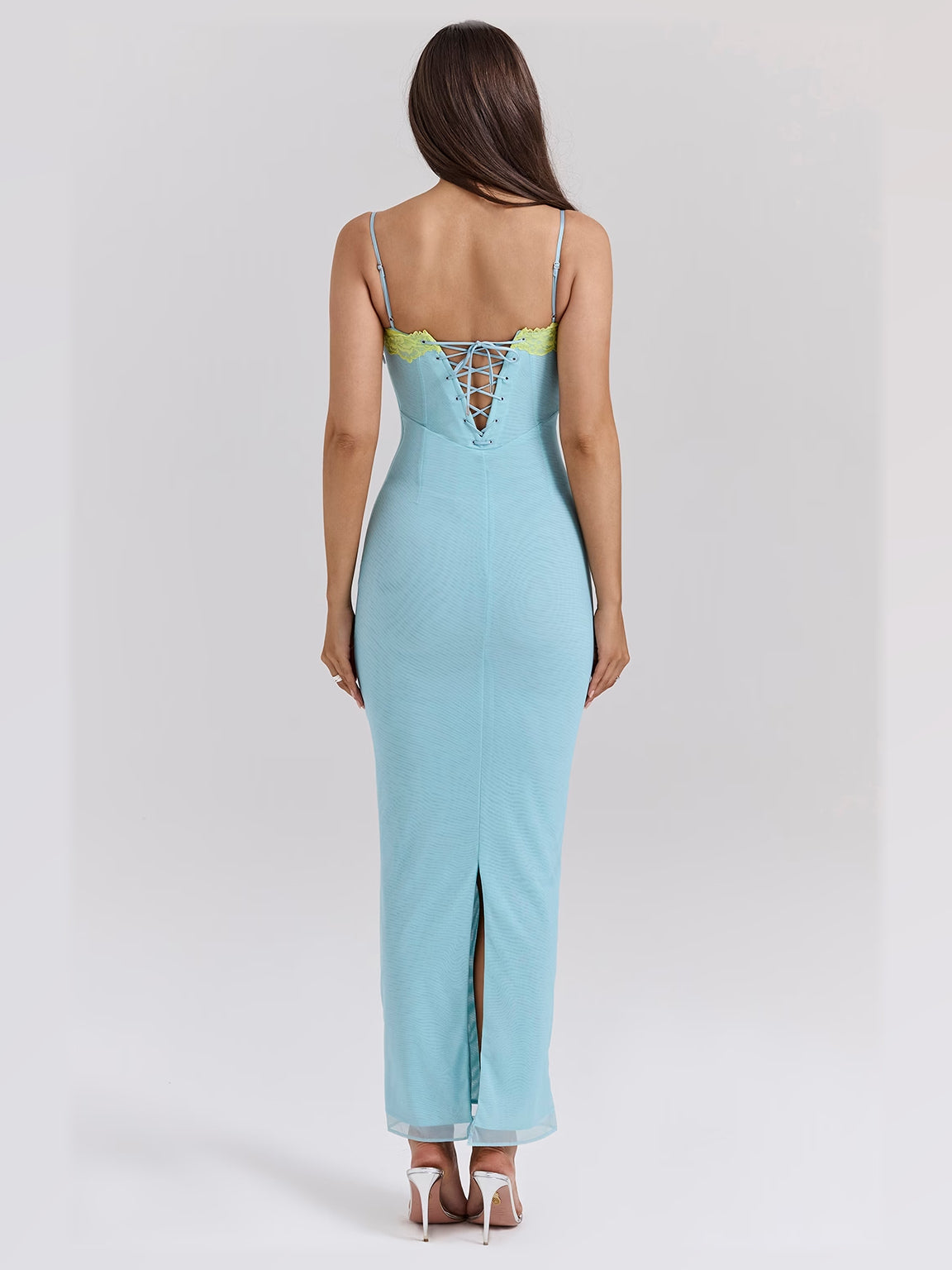 Ocean Blue maxi formal dress, back full-length view showing the bodice