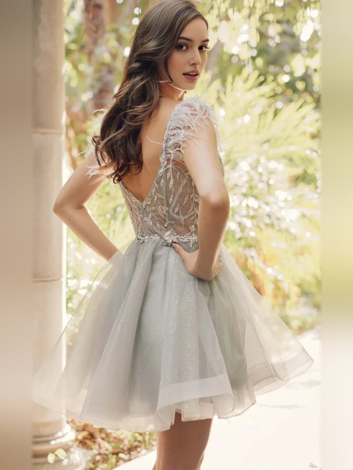 Silver embroidered tulle dress with V-neck front and lace back detail