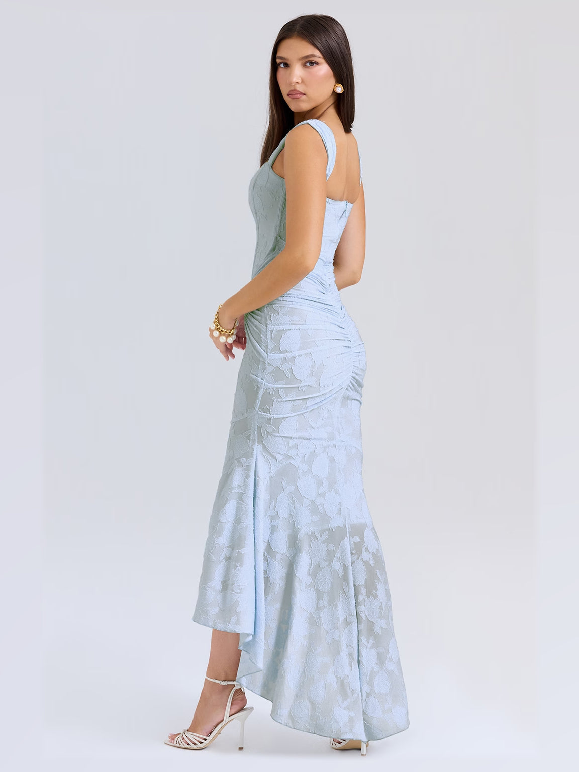 Light Blue Floral Print maxi formal dress, back full-length view showing the bodice