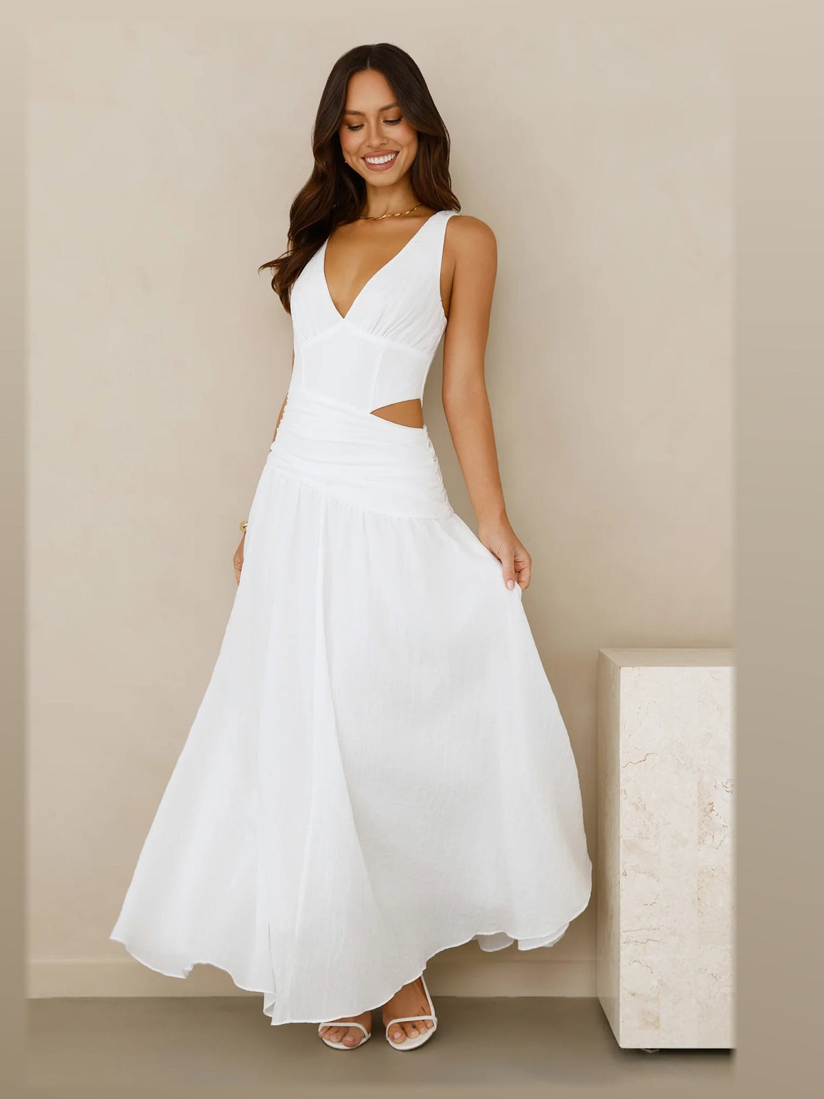White formal dress with a-line silhouette