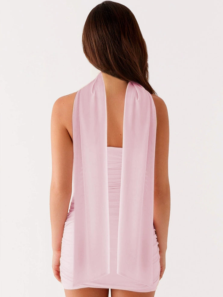 Pink ruched strapless mini dress, open back with high neck wrap