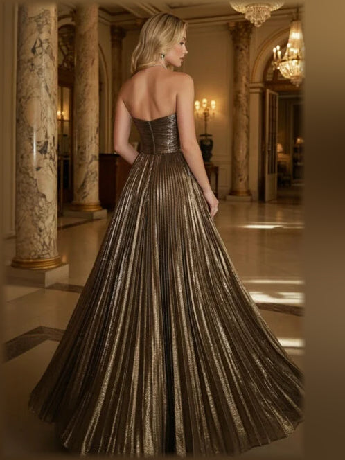 Back view espresso sweetheart formal dress with pleated floor-length metallic skirt