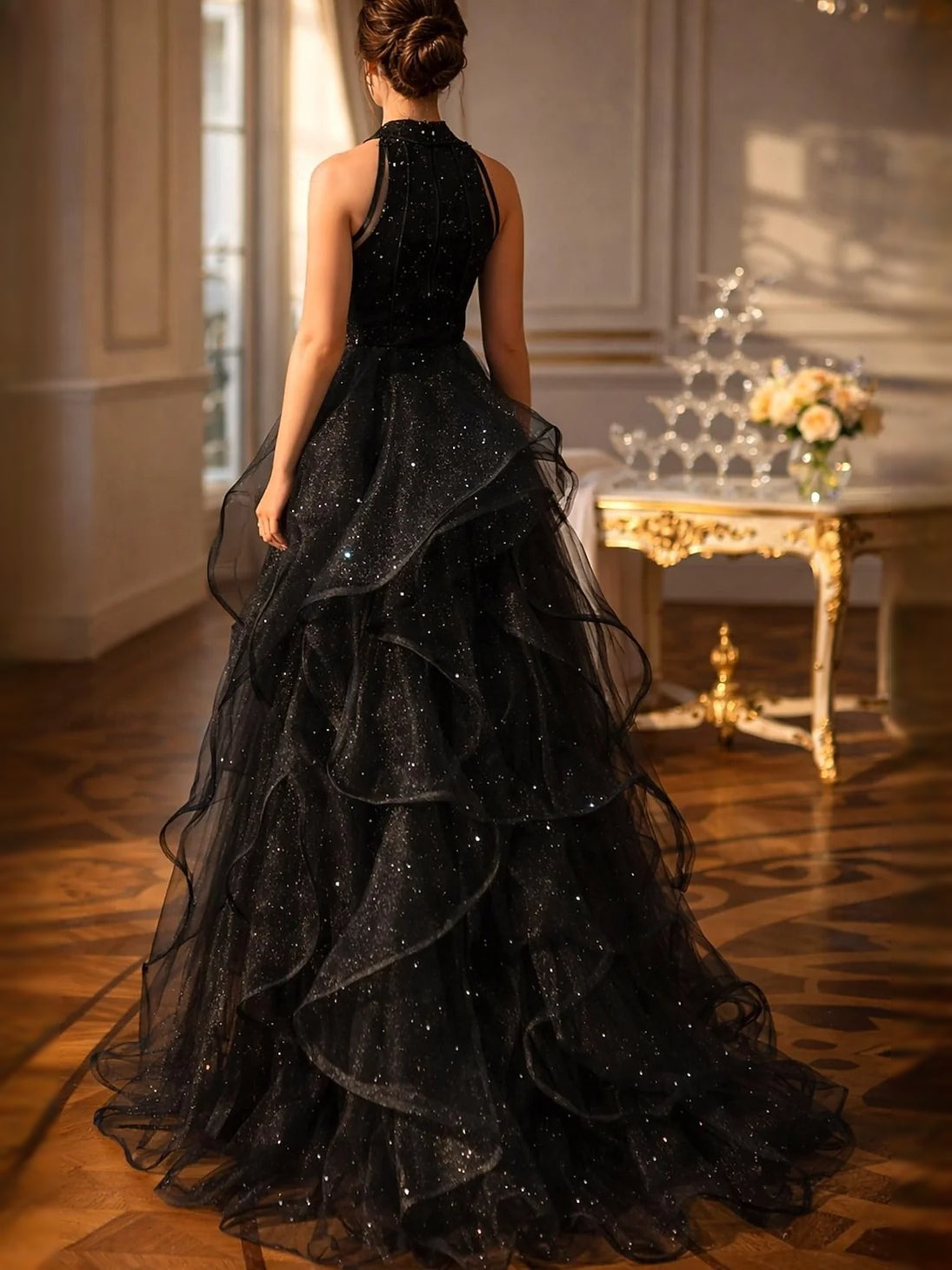 Black back view halter prom dress with layered ruffled tulle mermaid skirt, floor-length