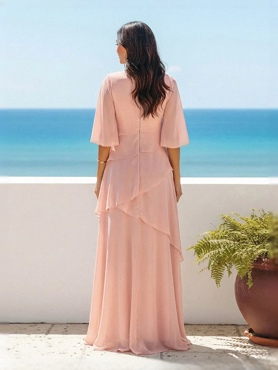 Layered ruffled chiffon A-line dress, peach, back view, tiered skirt