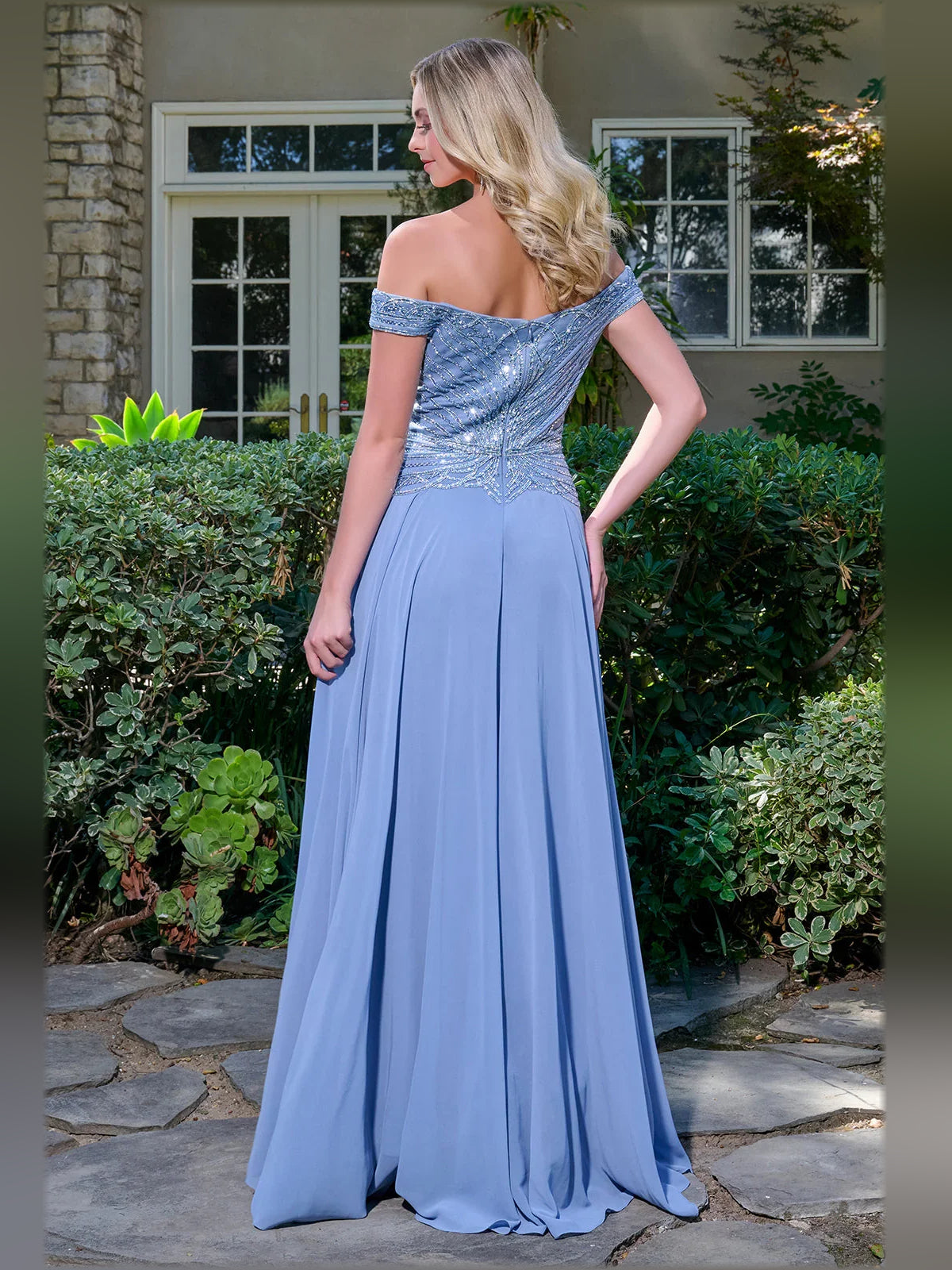Dusty blue off-shoulder beaded backless floor-length gown, side view