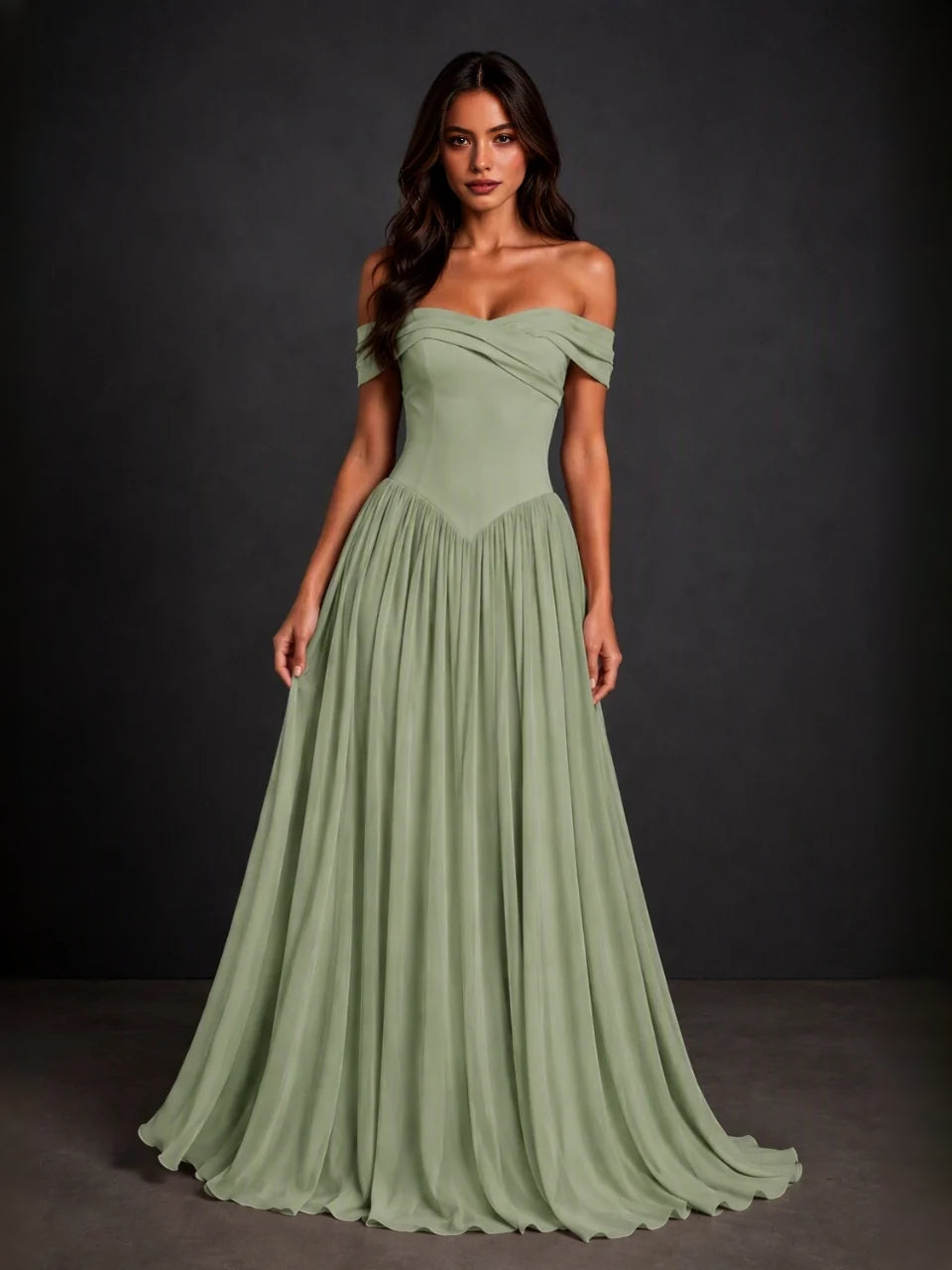 Sage green off-shoulder sweetheart corset bodice with gathered A-line skirt, floor length