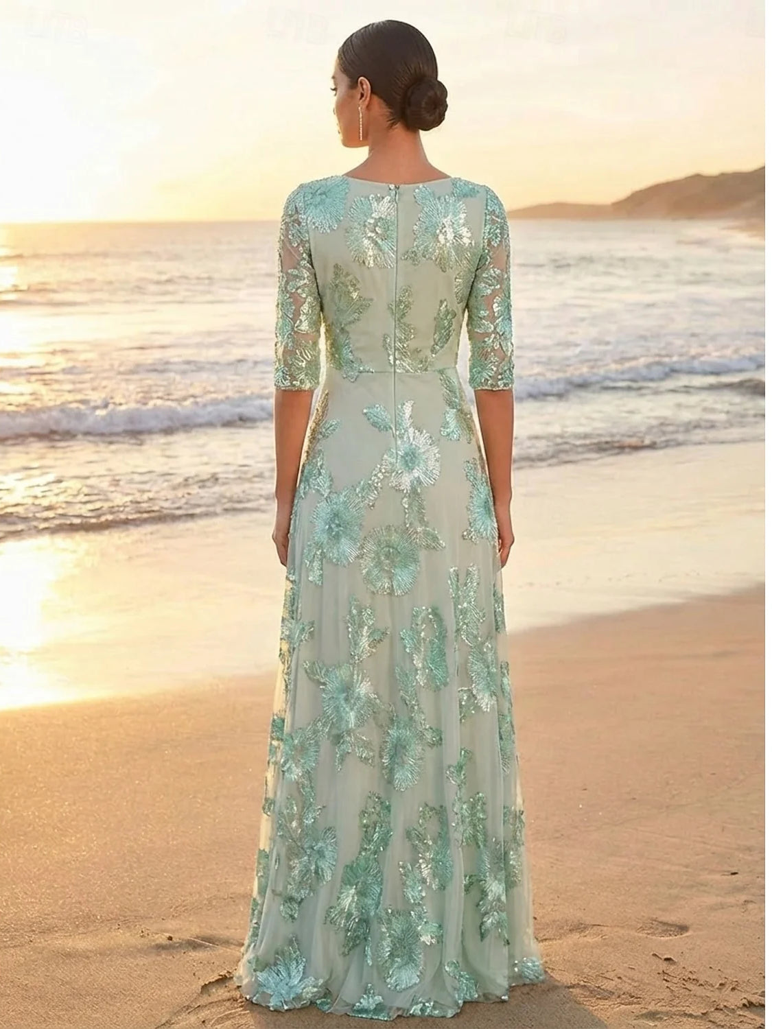 Sage green floral-applique A-line floor-length tulle dress with back V-neck detail