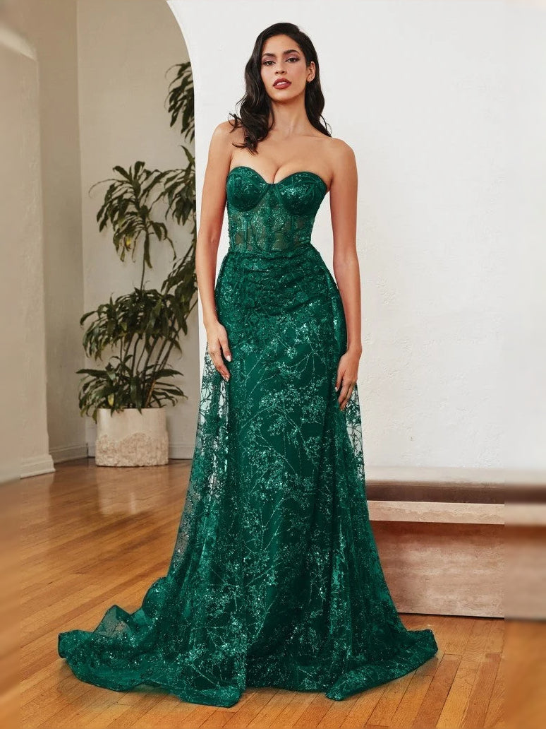 Dark green mermaid prom dress with corset bodice, sweetheart neckline, and lace floral texture