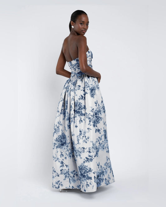 Blue strapless A-line maxi formal dress with blue floral print and gathered skirt
