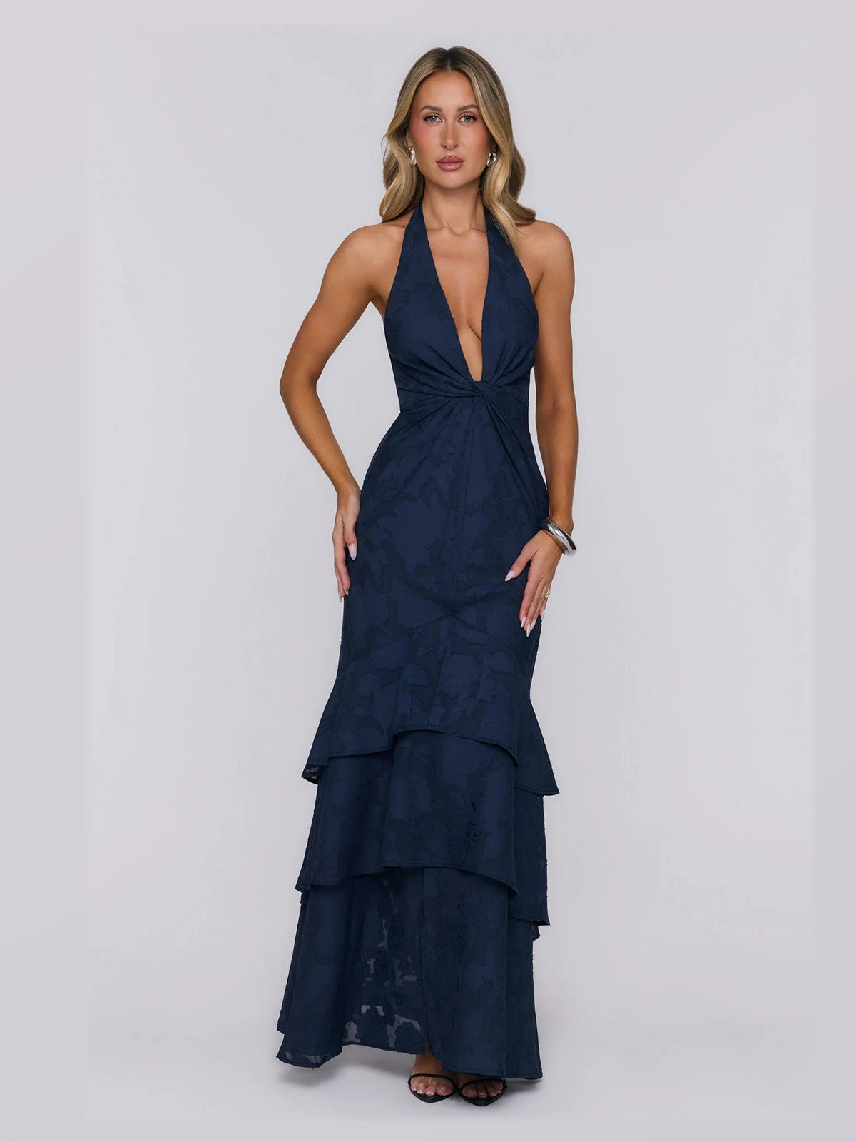 Navy formal dress with halter neck neckline