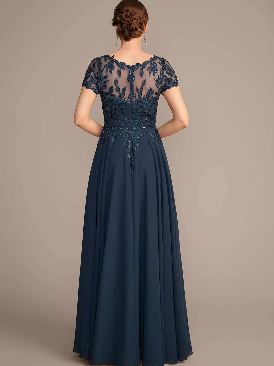 Navy chiffon A-line mother of the bride dress with lace illusion yoke and cap sleeves
