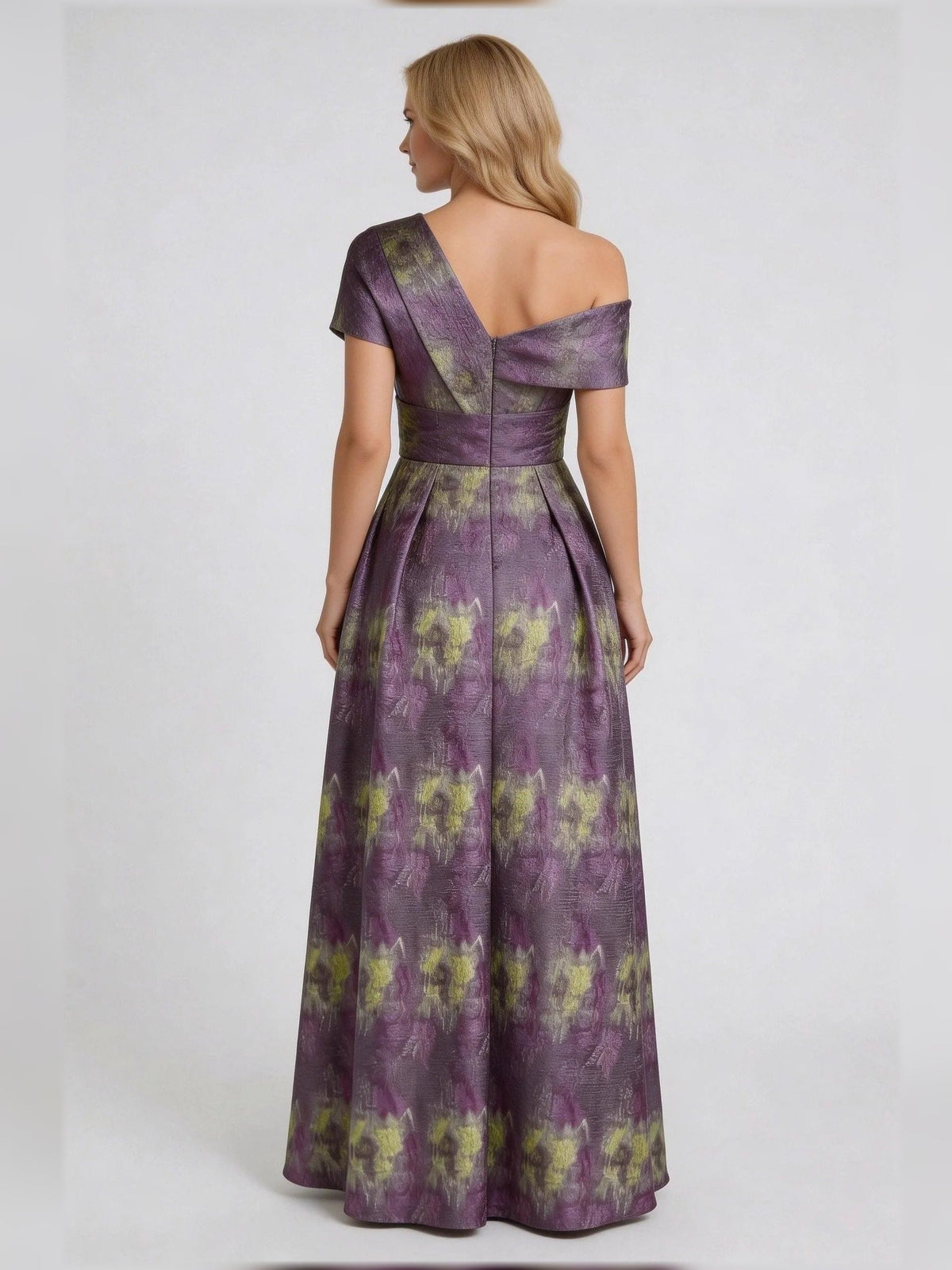 Back view purple abstract print A-line floor-length dress with wide straps and center seam