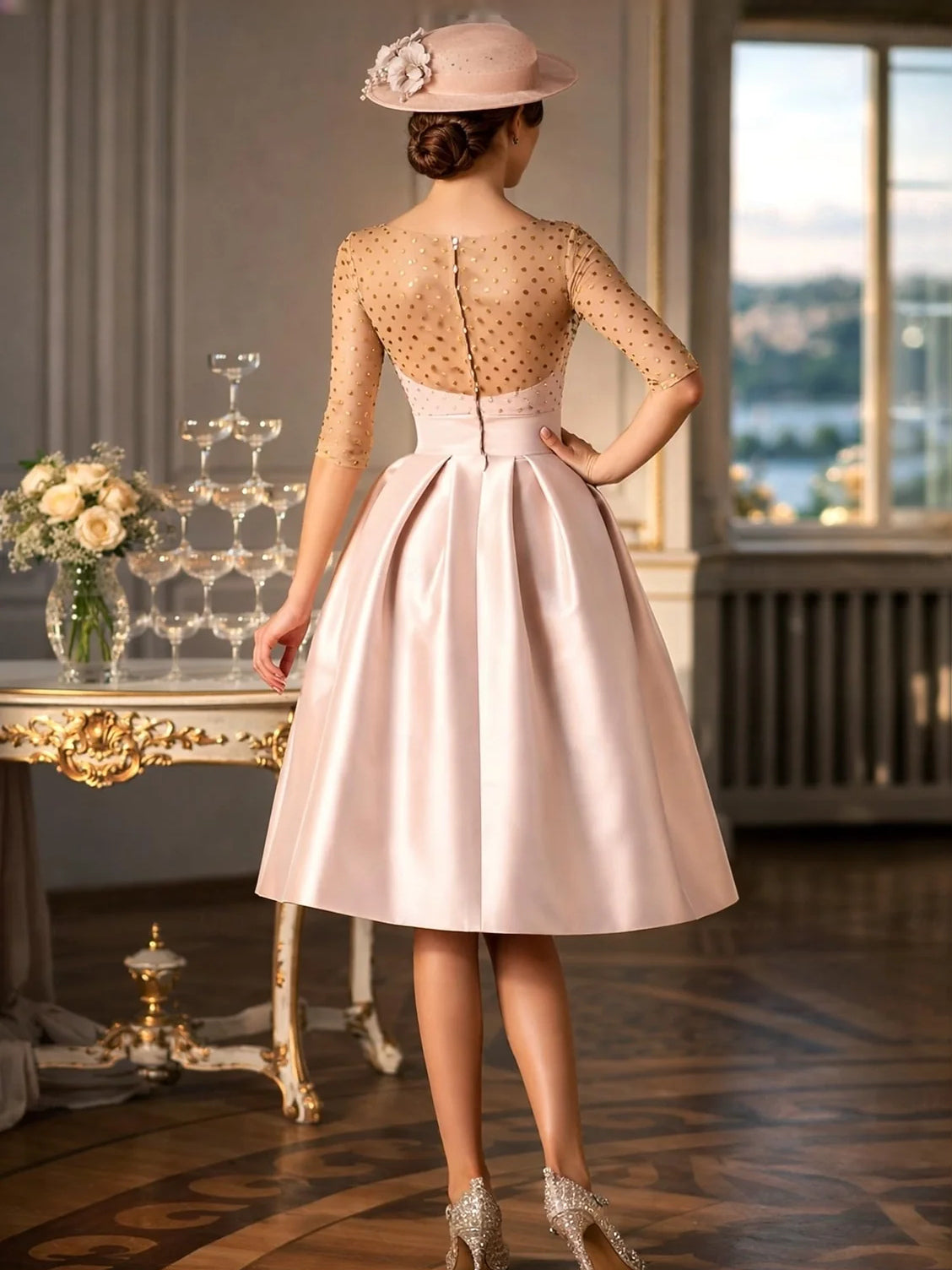 Back view: blush satin midi dress with boat neck, sheer dotted sleeves, pleated A-line skirt