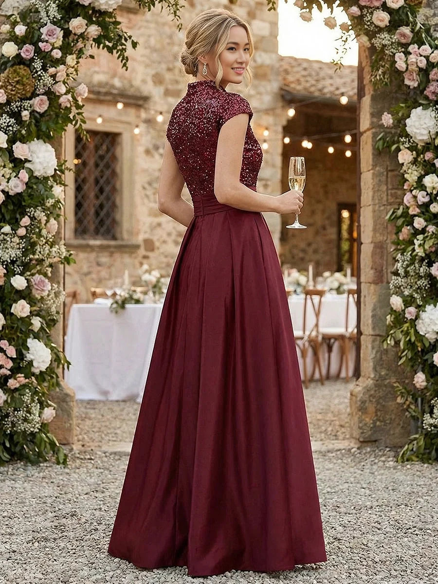 Burgundy pleated sequin high-neck A-line satin gown with cap sleeves, floor length