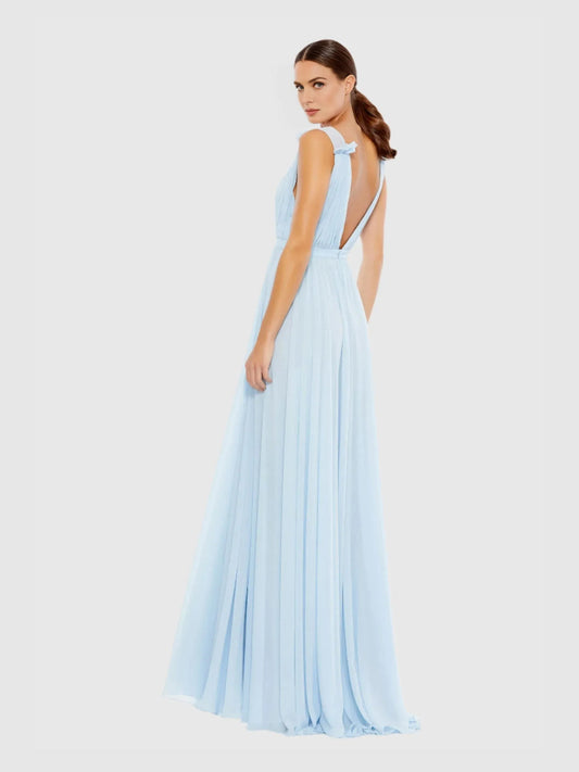 Sky blue V-neck formal dress, open-back ruched bodice and flowing maxi skirt