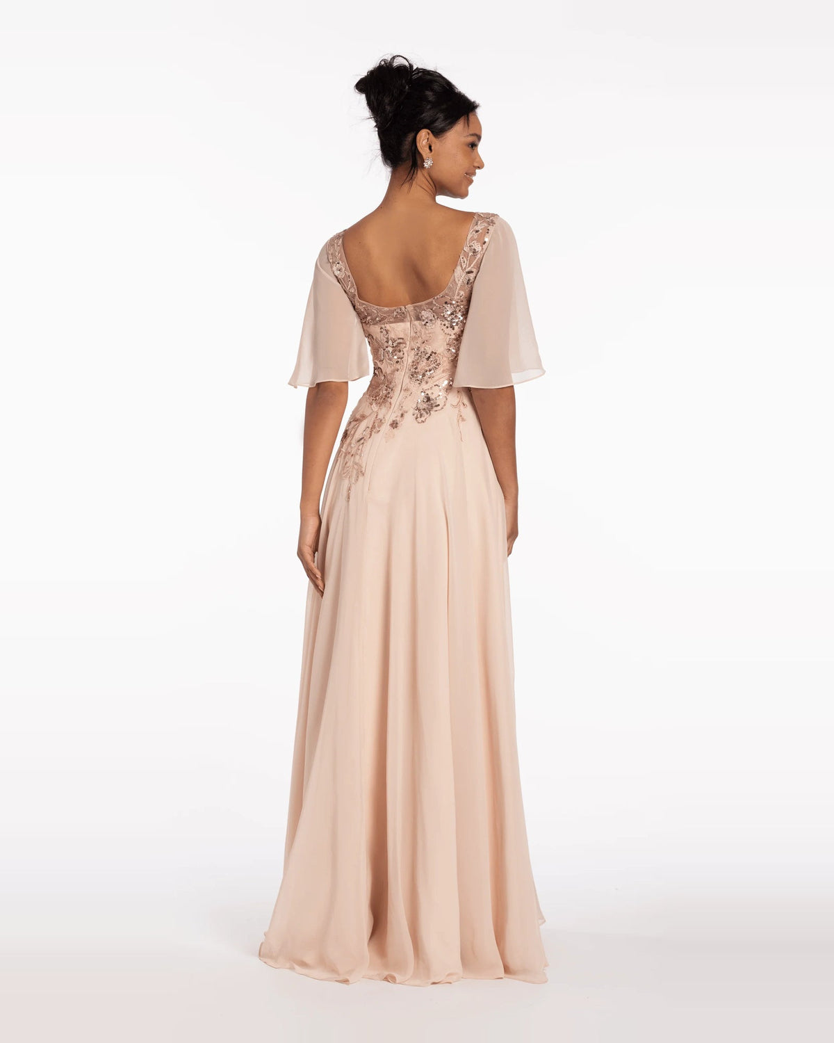 Blush A-line maxi prom dress with sequined back detail and flutter sleeves