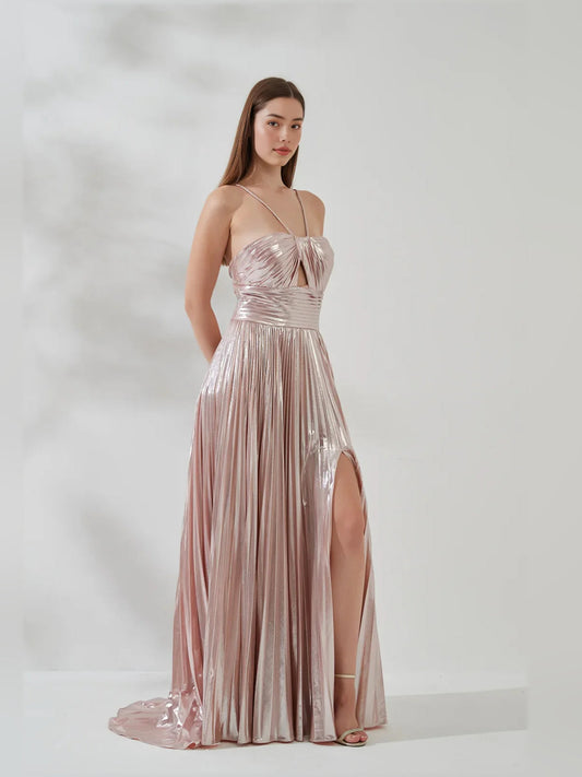 Blush pink one-shoulder gown with ruched bust and pleated floor-length skirt, side slit