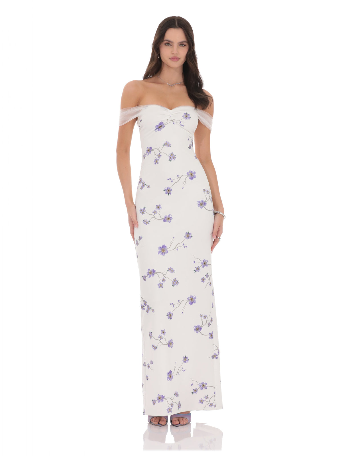 White bridesmaid dress with off shoulder neckline