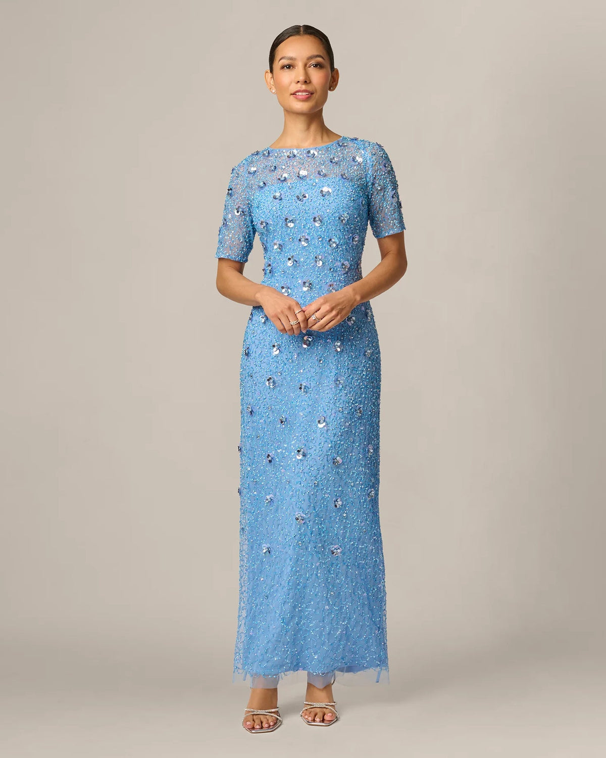 Light blue embellished A-line maxi dress with short sleeves and crew neckline