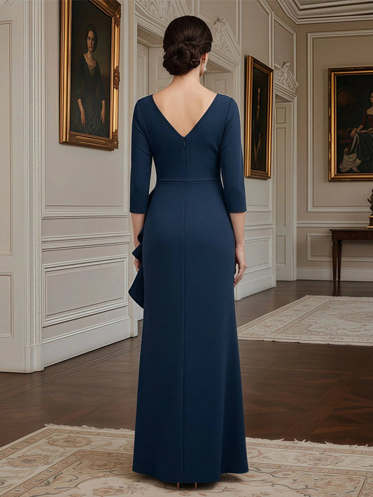 Dark navy V-back maxi sheath dress with 3/4 sleeves and draped panels