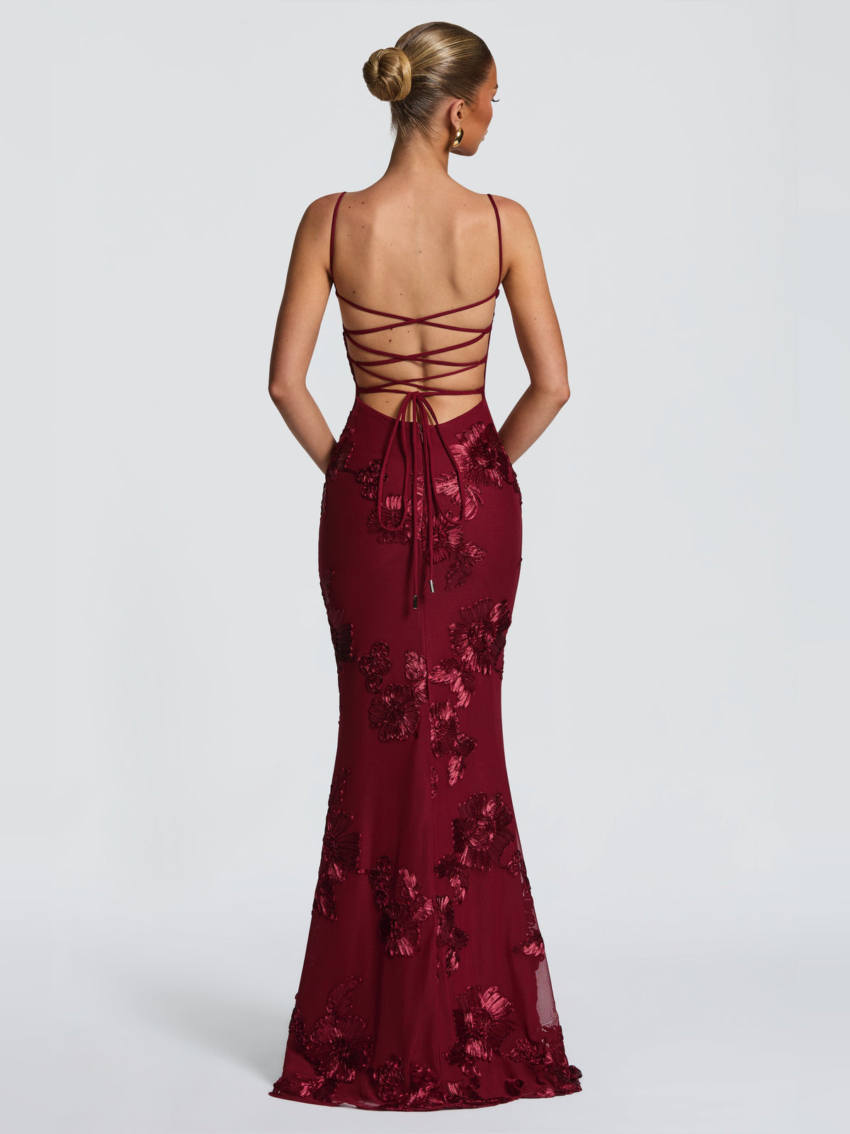 Burgundy mermaid maxi formal dress with floral appliqu¨¦, full-length back view