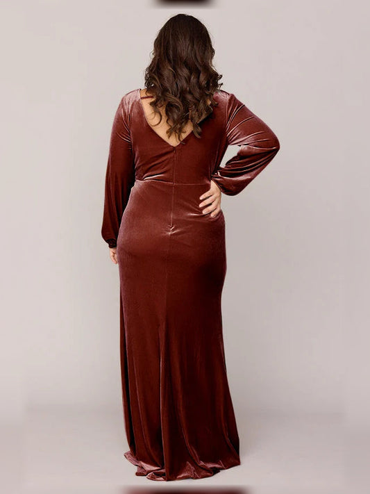 Burgundy velvet wrap bridesmaid dress with V-neck, back view
