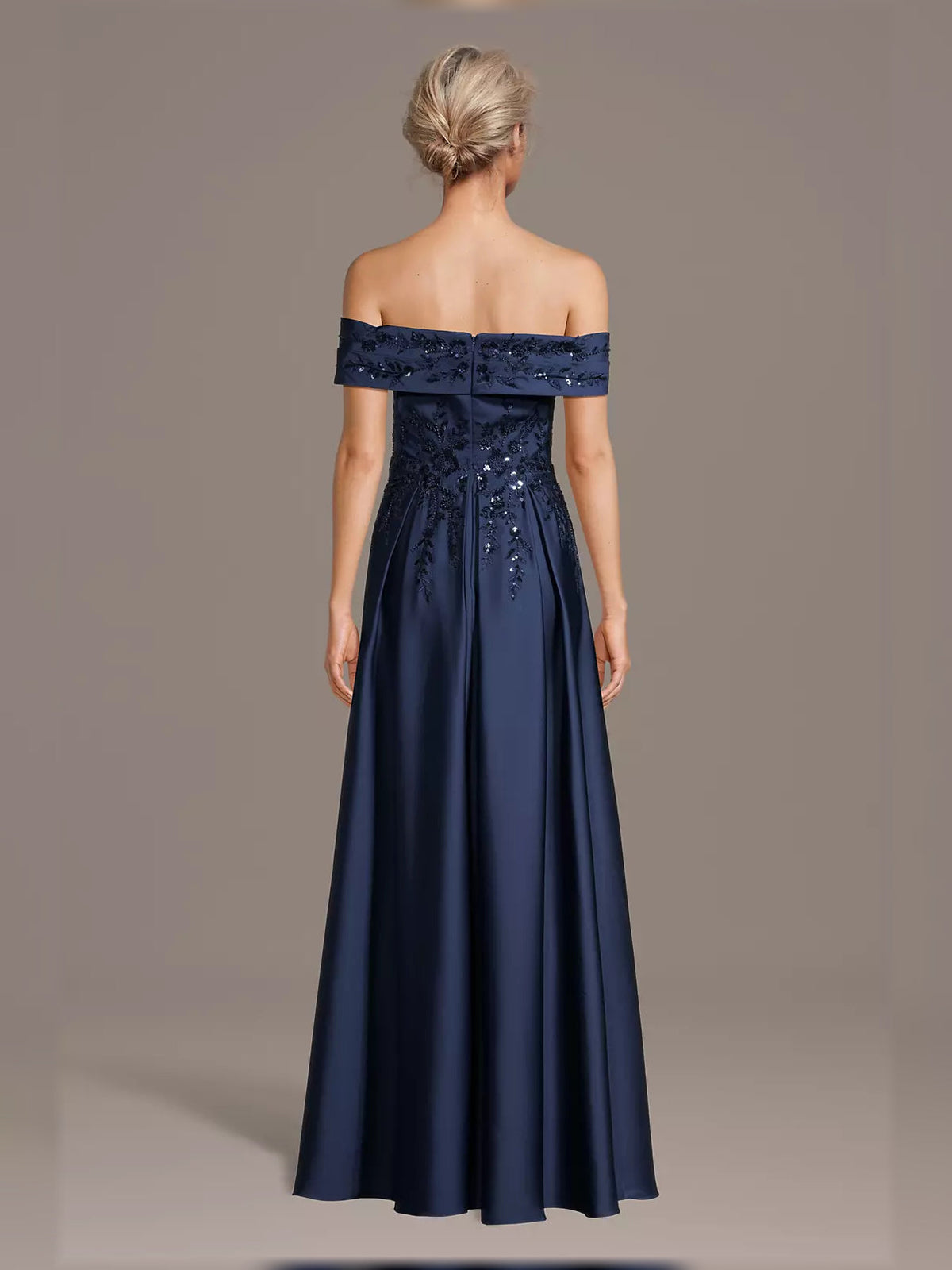Dark navy off-shoulder A-line maxi satin dress with sequin floral bodice detail