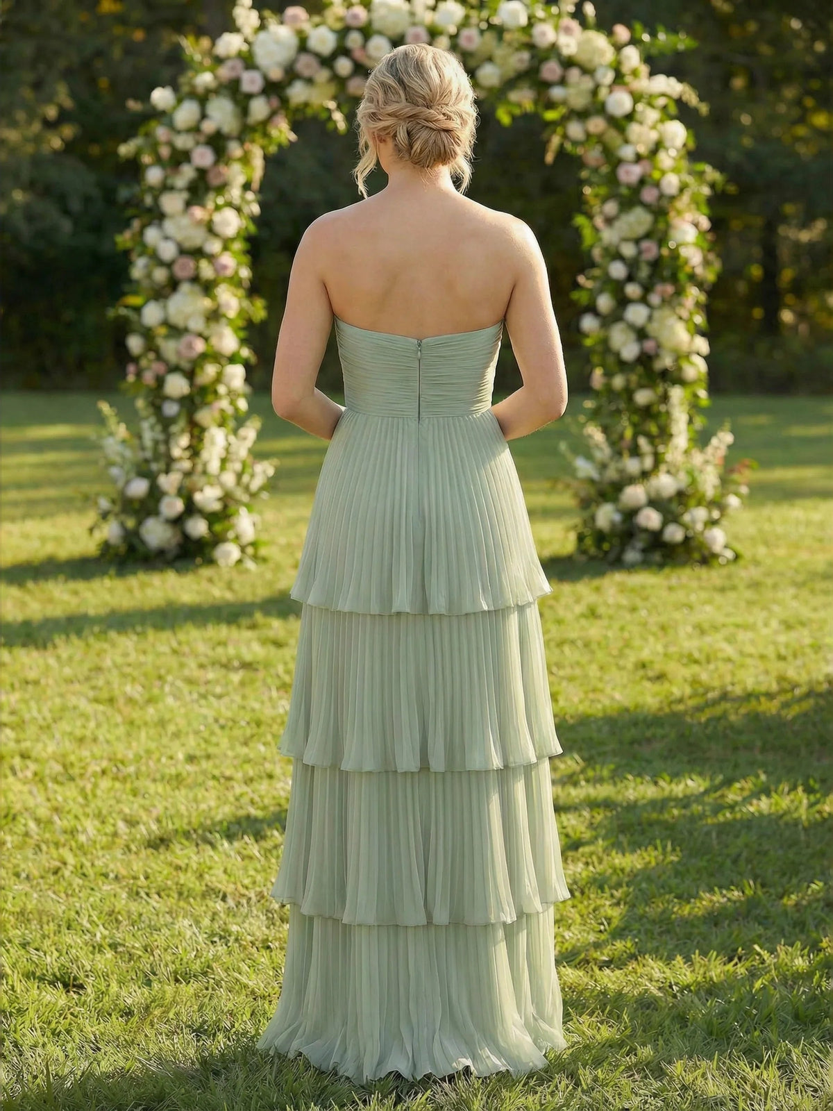 Dusty sage chiffon maxi dress, open back, sweetheart bodice, tiered ruffles.
