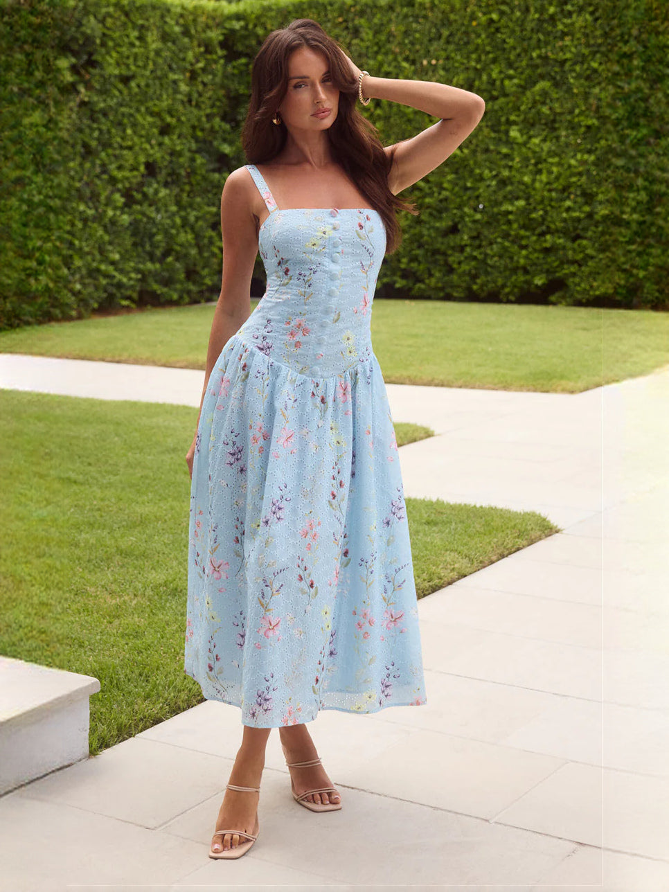Blue a-line maxi formal dress with floral print, alternate full-length view