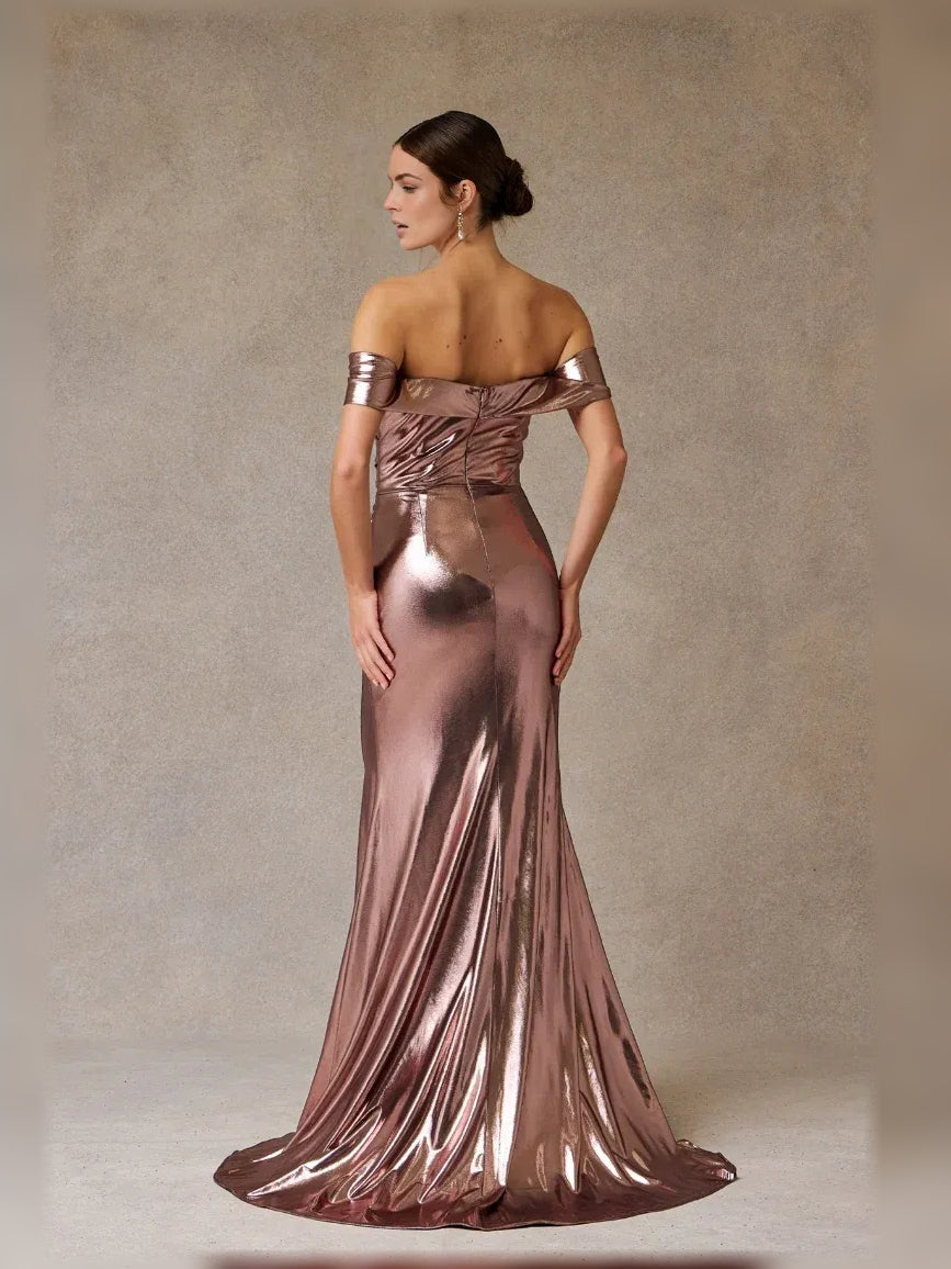 Rose-gold metallic off-shoulder formal gown with side drape ruching, floor length