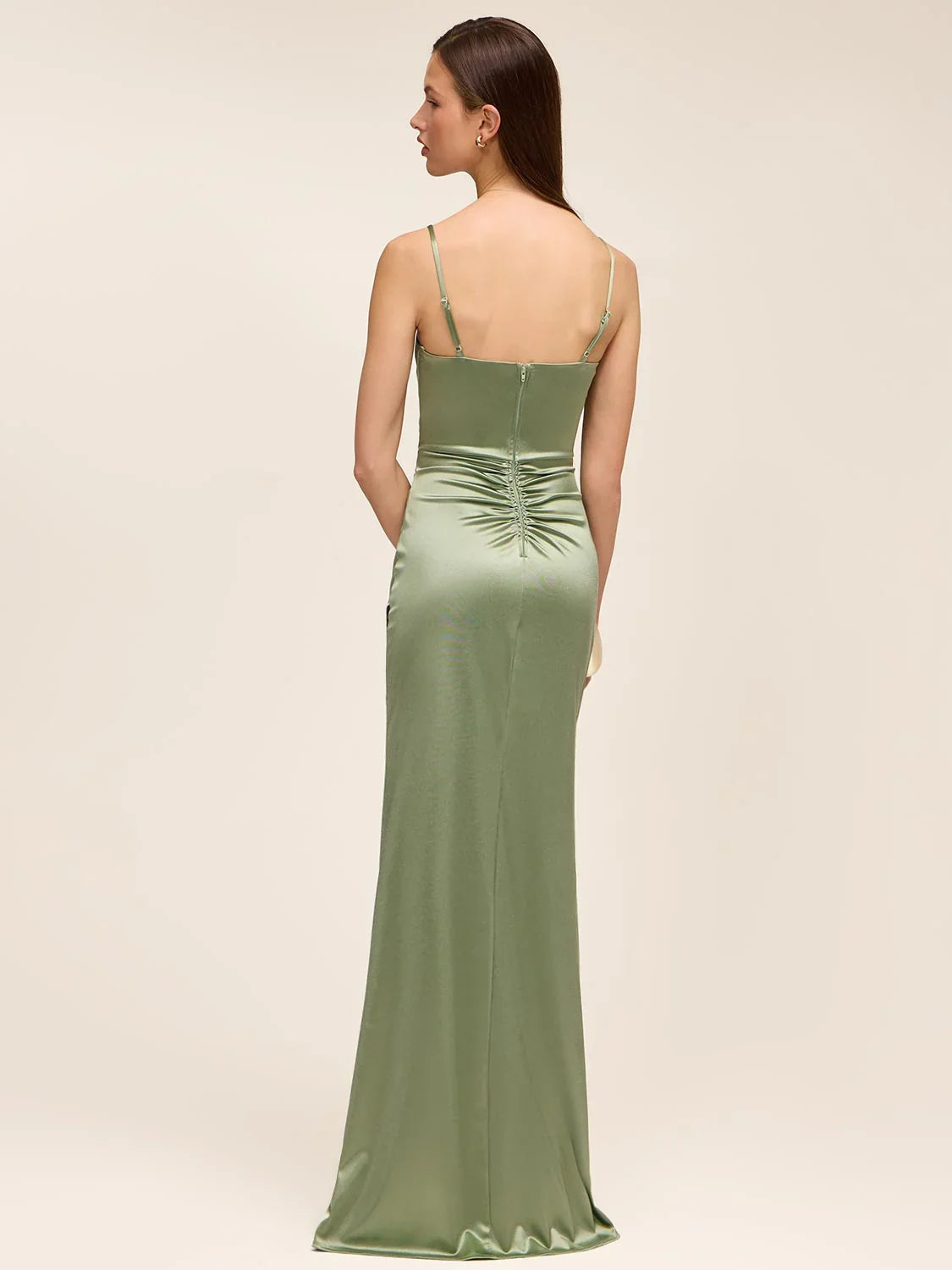 Dusty sage satin ruched formal dress with spaghetti straps and long back view