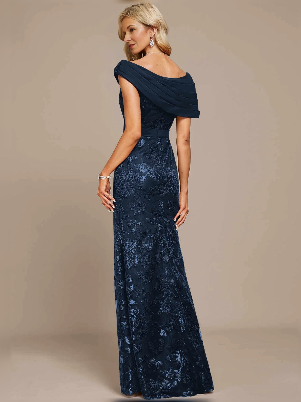 Dark navy off-shoulder mermaid maxi dress, side view, floral print bodice and skirt