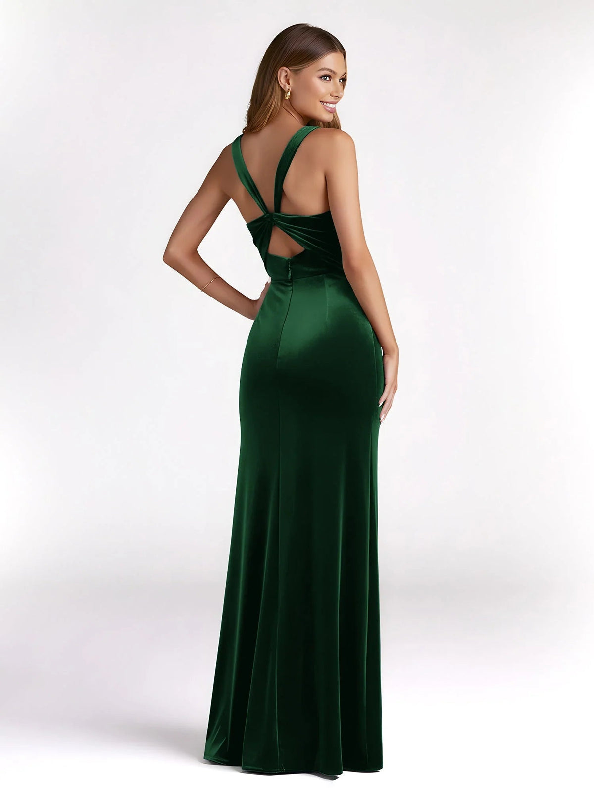 Dark green velvet backless mermaid formal dress with crisscross straps and high slit
