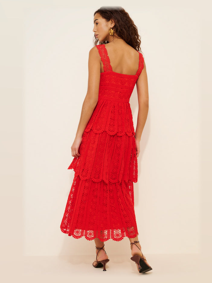 Red formal dress with a-line silhouette