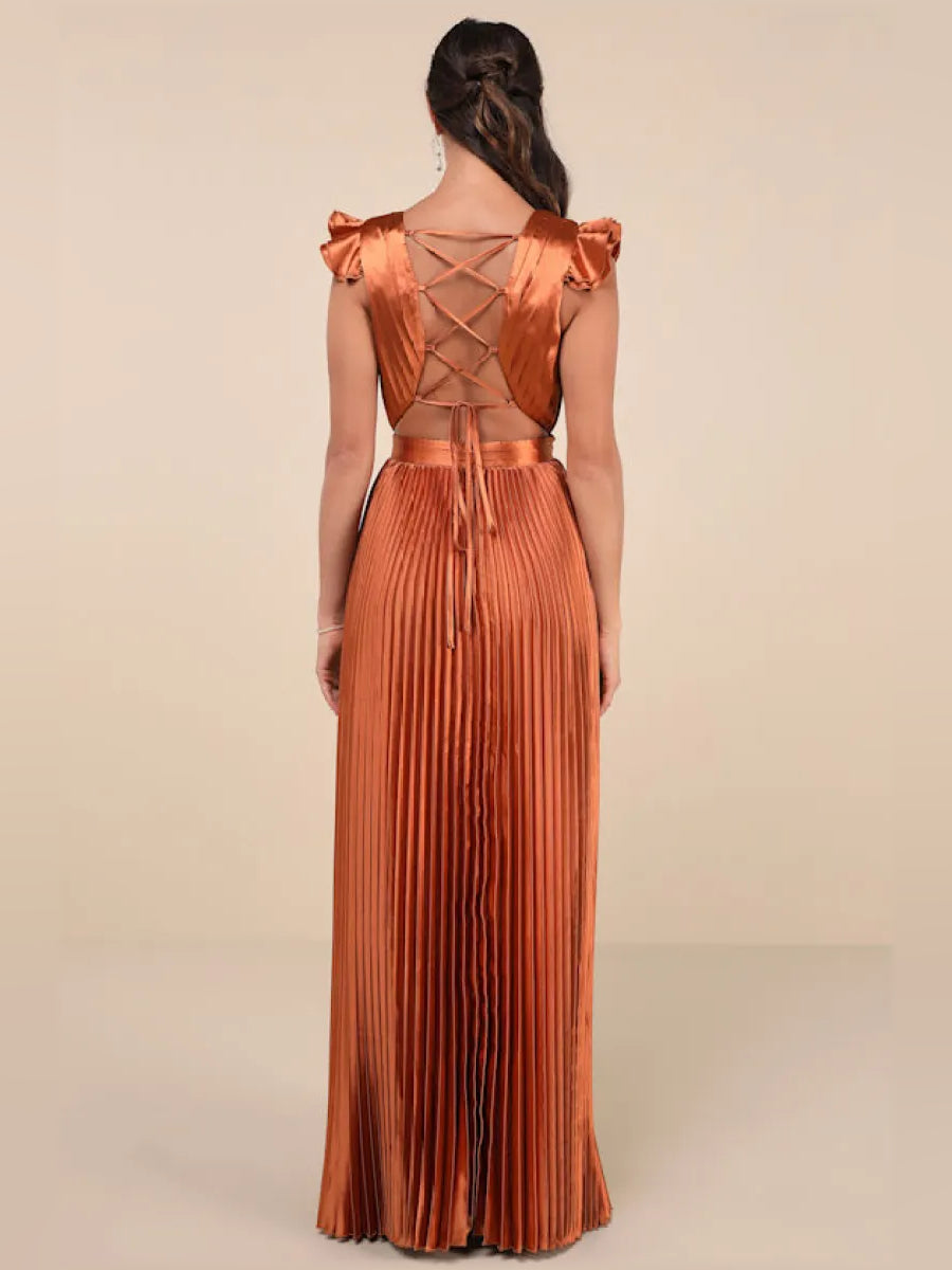 Burnt orange backless pleated formal dress with crisscross straps, floor-length