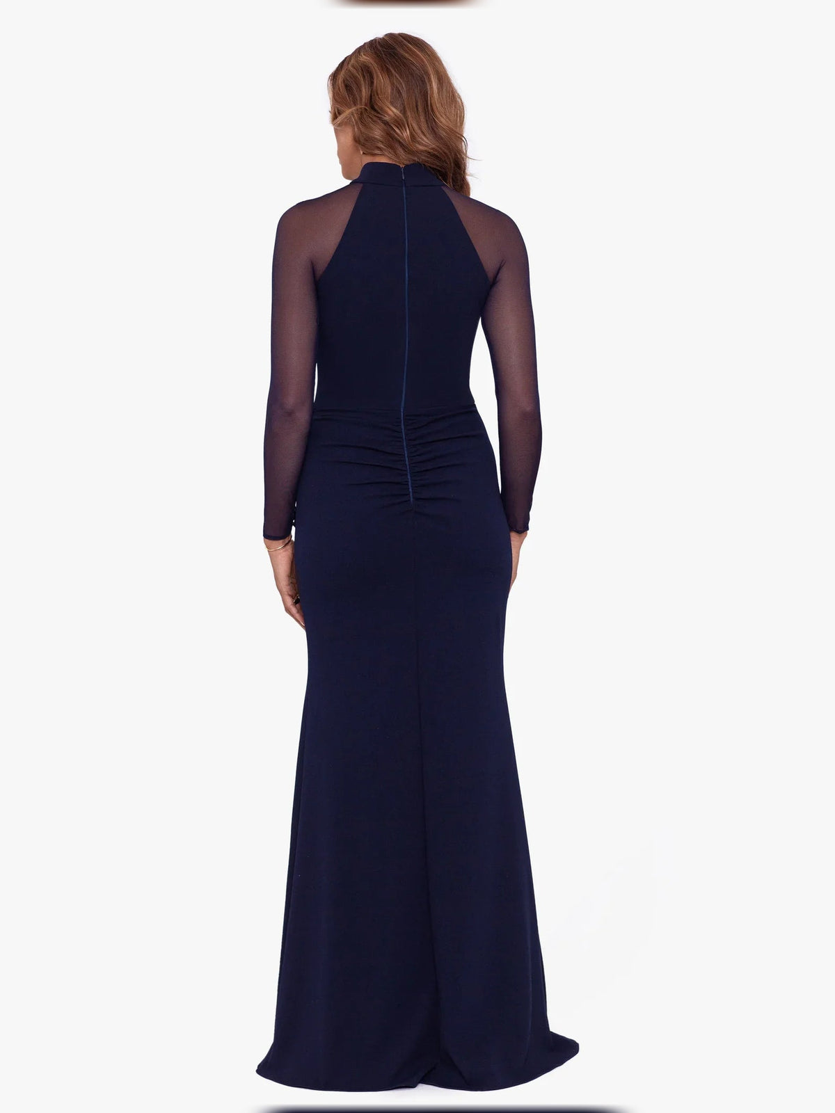 Dark navy back view maxi dress with sheer mesh shoulders and ruched waist
