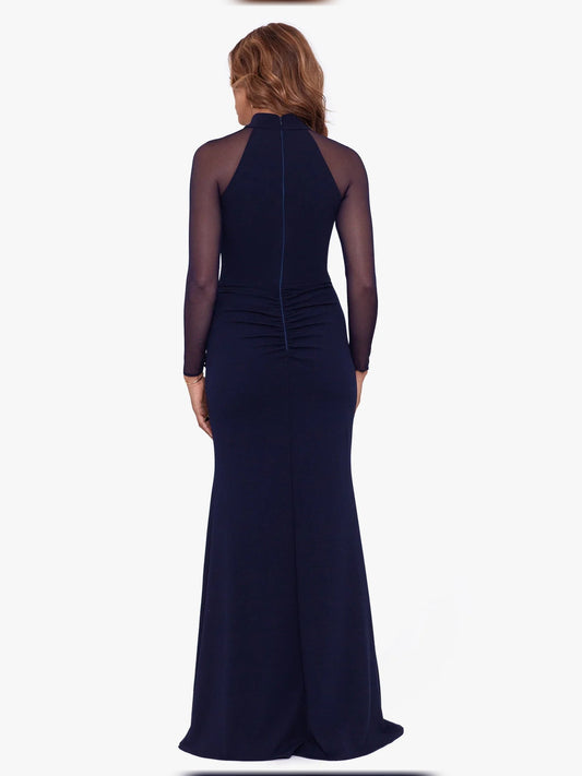 Dark navy back view maxi dress with sheer mesh shoulders and ruched waist