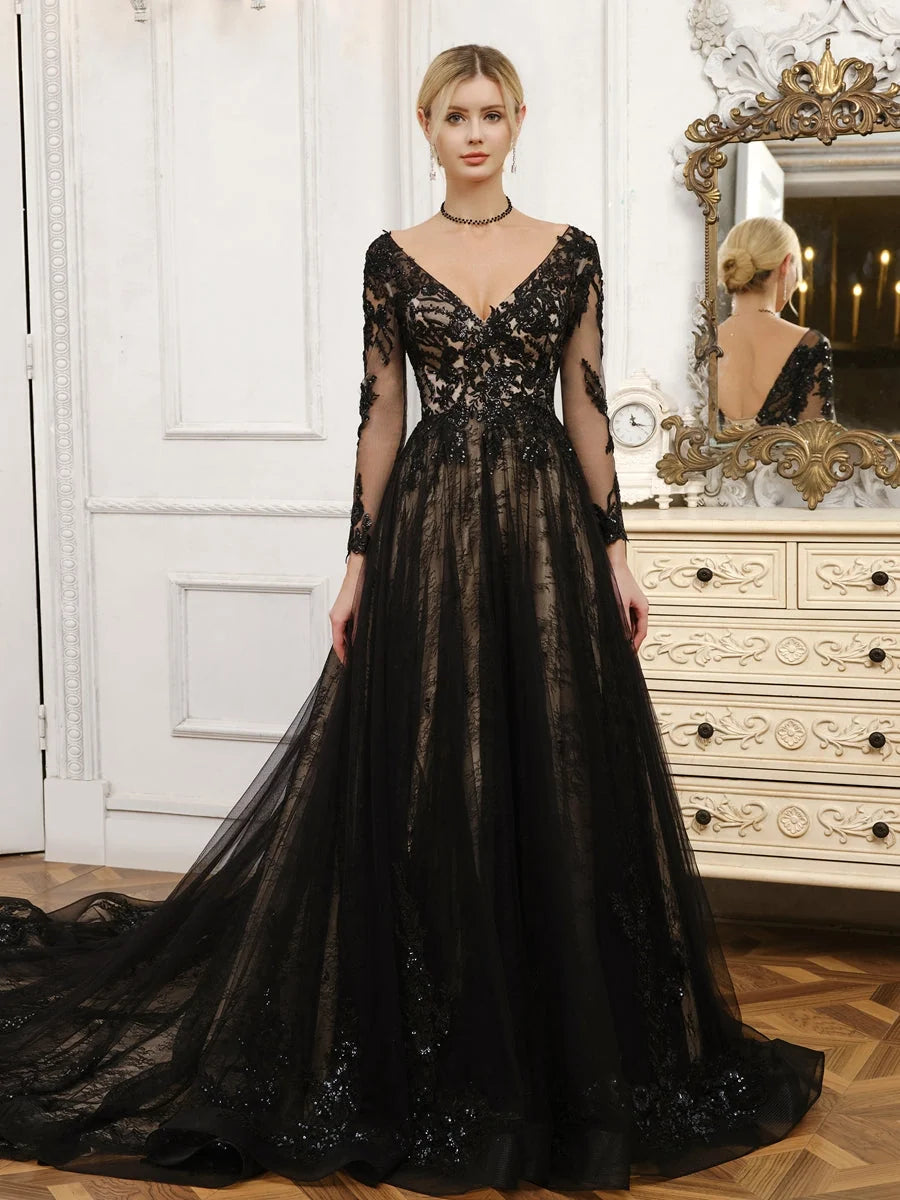 Black sequin V-neck A-line wedding dress with long sleeves and full tulle skirt