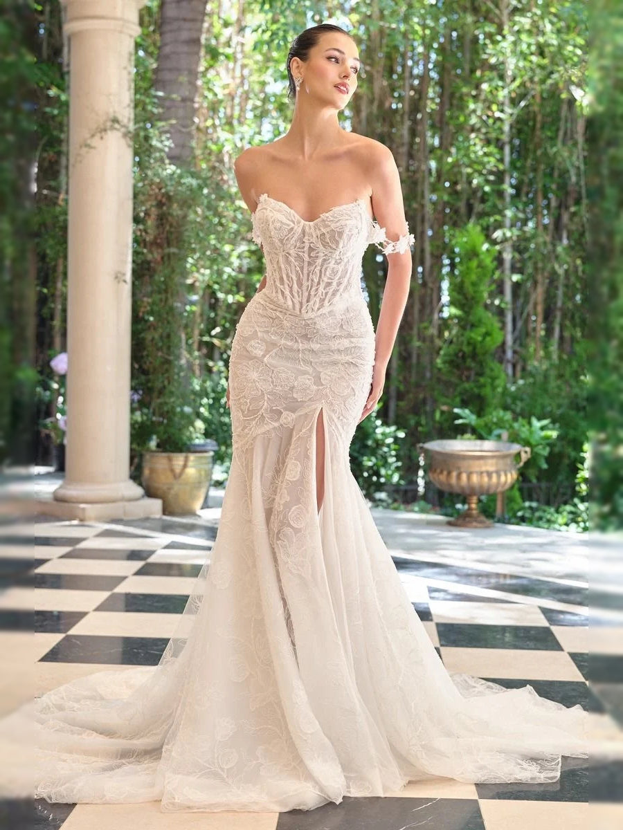 Ivory lace V-neck corset wedding dress, mermaid tulle skirt with thigh slit, off-shoulder