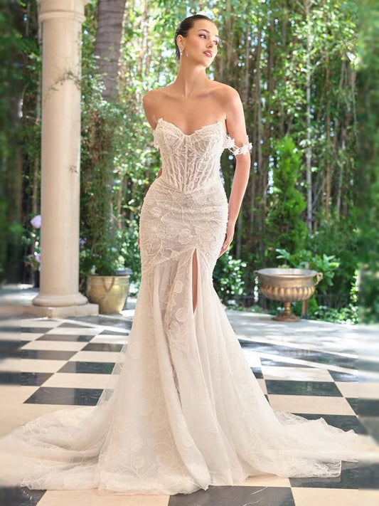 Ivory lace V-neck corset wedding dress, mermaid tulle skirt with thigh slit, off-shoulder